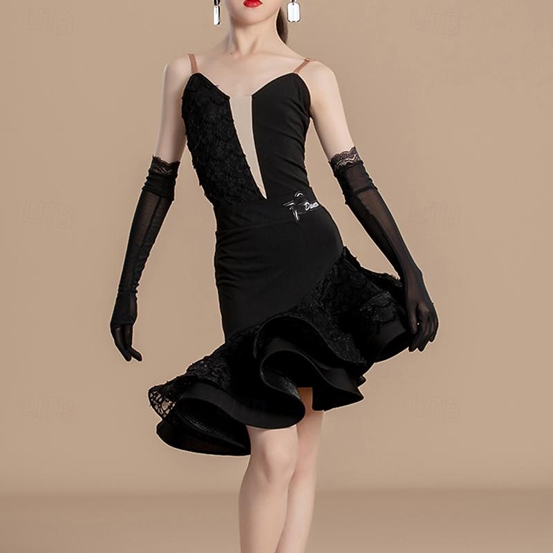 Latin Dance Kids' Dancewear Skirts Splicing Girls' Performance Daily Wear Sleeveless High Crystal Cotton Lace