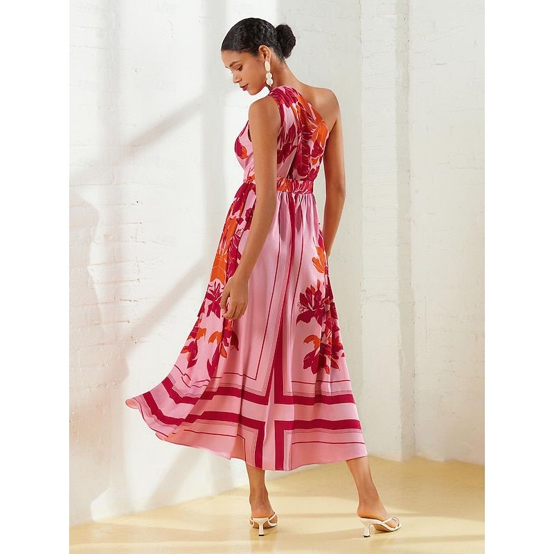 Women's Print Dress Maxi Dress Pink Sleeveless Floral Floral Style Buckle Summer One Shoulder Dresses Vacation S M L2