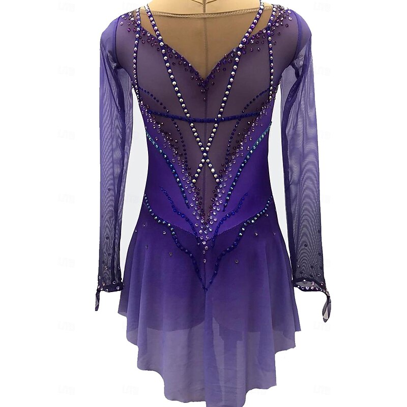 Figure Skating Dress Women's Girls' Ice Skating Dress Violet Patchwork Thumbhole Mesh Spandex Stretchy Training Practice Professional Skating Wear Crystal / Rhinestone Long Sleeve Ice Skating Figure3