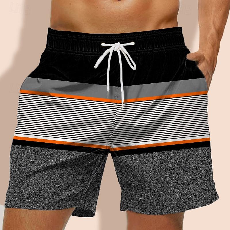 Men's Stripe Geometric Pattern Swim Trunks Swim Shorts Board Shorts Mid Waist Hawaiian Casual Holiday Beach Drawstring with Mesh lining Elastic Waist Designer Clothing Apparel