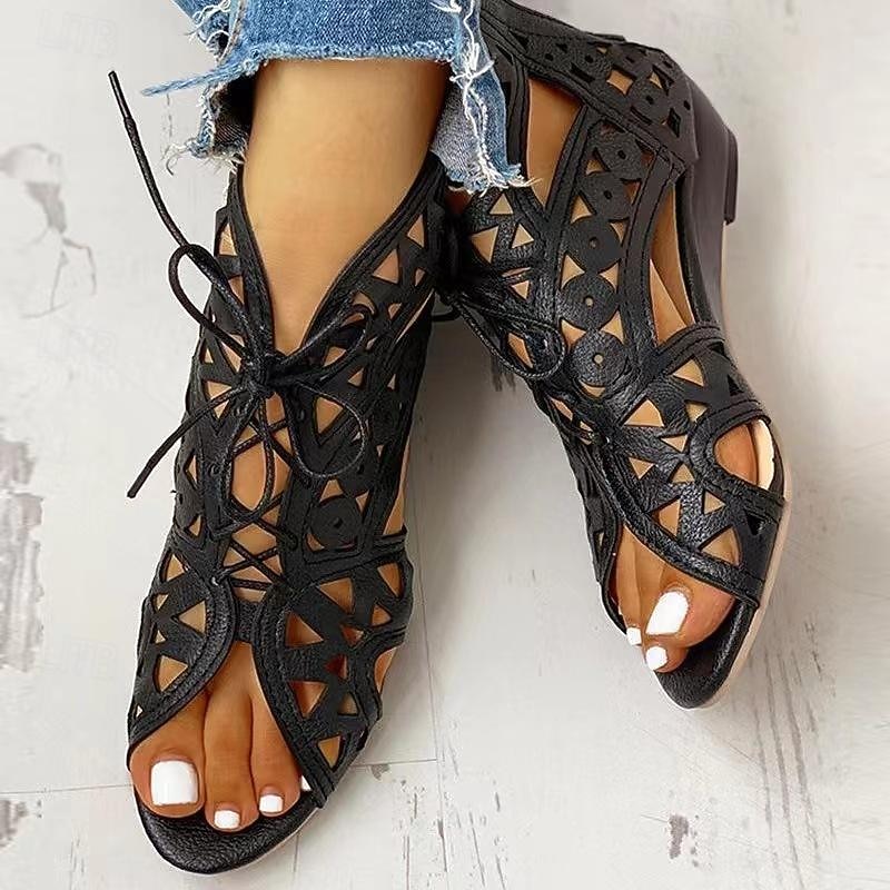 Women's Black Cut-Out Lace-Up Sandals - Stylish Wedge Heels with Geometric Patterns for Fashionable Summer Outfits2