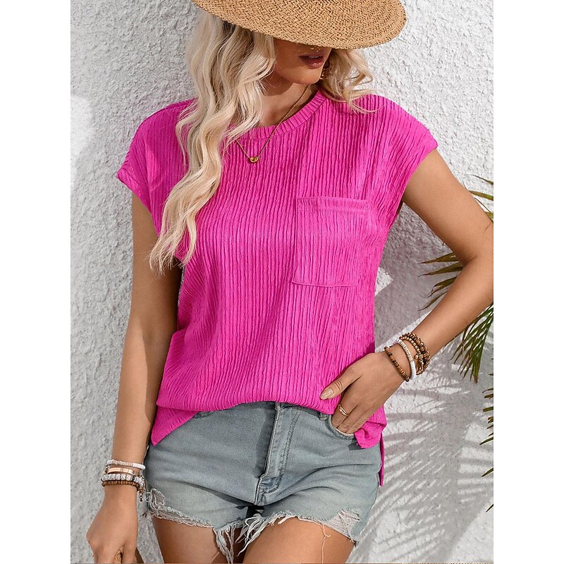 Women's Lace T-shirt Plain Fashion Short Sleeve Crew Neck Regular Tops Vacation Daily Pocket Black White Royal Blue Fuchsia Summer