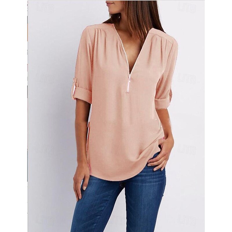 Women's Blouse Shirt Zipper Basic Plain Daily V Neck T-shirt Sleeve Regular Summer White Black Pink Grey Dark Blue3
