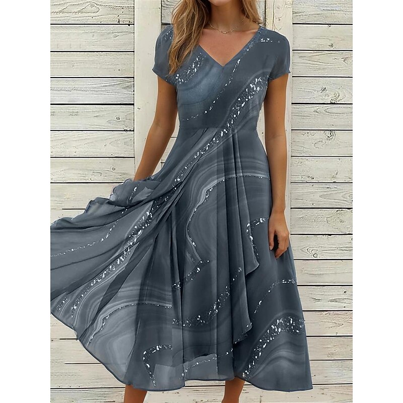 Women's Midi Dress Casual Dress Cocktail Dress Wedding Guest Dress Chiffon Dress Vintage Streetwear Stylish Vacation Street Holiday Regular Fit Ombre Marble Short Sleeve V Neck Gray Summer