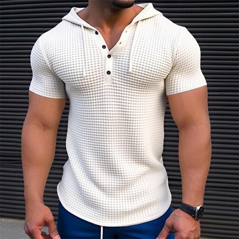 Men's Waffle Knit Tee Tee Top Short Sleeve Hooded Summer Solid Color Daily Casual Buttons Hooded Outdoor Street Causal Green White khaki Top Tee for Men