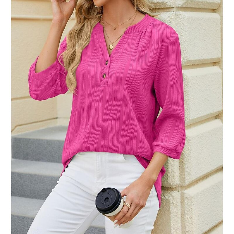 Women's Shirt Basic Lace 3/4 Length Sleeve V Neck Daily Going out White Rose Pink Summer Spring Fall