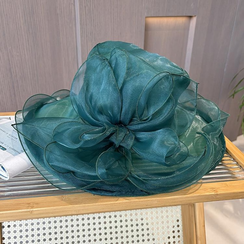 Fascinators Hats Headwear Organza Bucket Hat Floppy Hat Sun Hat Casual Holiday Elegant Vintage With Flower Pure Color Headpiece Headwear4