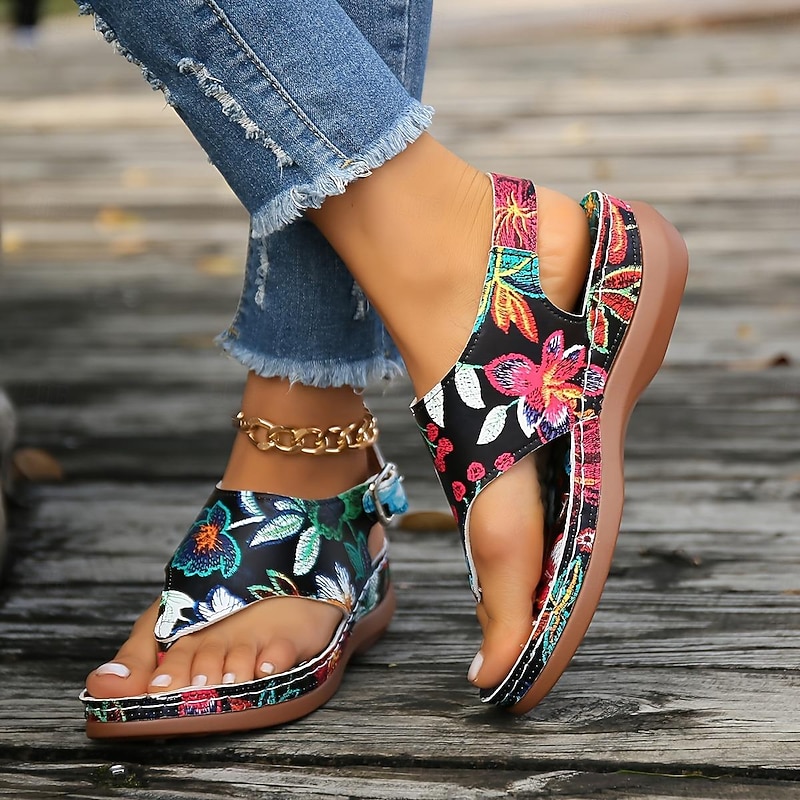 Women's Flat Sandals Colorful Print Thong Sandals Summer Clip Toe Buckle Strap Floral Casual Soft Sole Outdoor Beach Sandals2