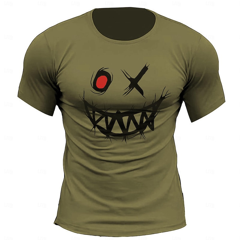Men's Graphic Short Sleeve T-Shirt with Creepy Stitched Smile Horror Face Design