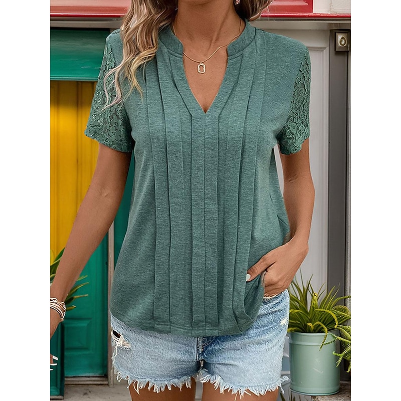 Women's Tunic Dressy Tops Solid Color Plain Daily Stylish Short Sleeve V Neck Regular Tops Vacation Daily Lace Pleated Army Green Summer Spring Fall3