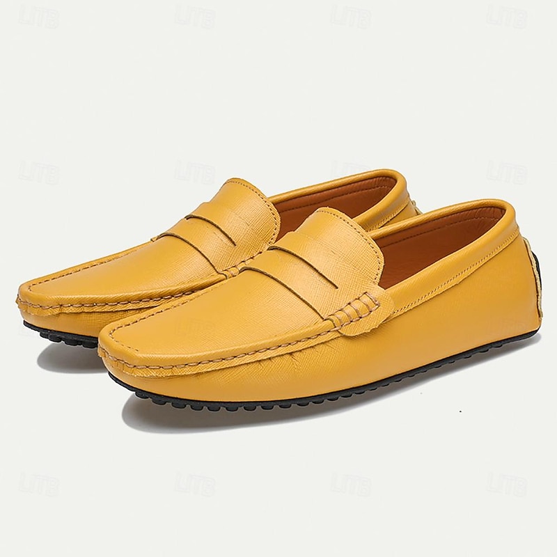 Men's Yellow Leather Slip-On Loafers - Comfortable Casual Driving Shoes3