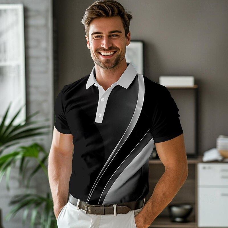 Men's Striped Polo Shirts Golf Shirt Short Sleeve Polo Shirts Collared Shirts Business Casual WorkWear Formal Wear Festival Wear Buttons 3D Print Spring & Summer Green Gray