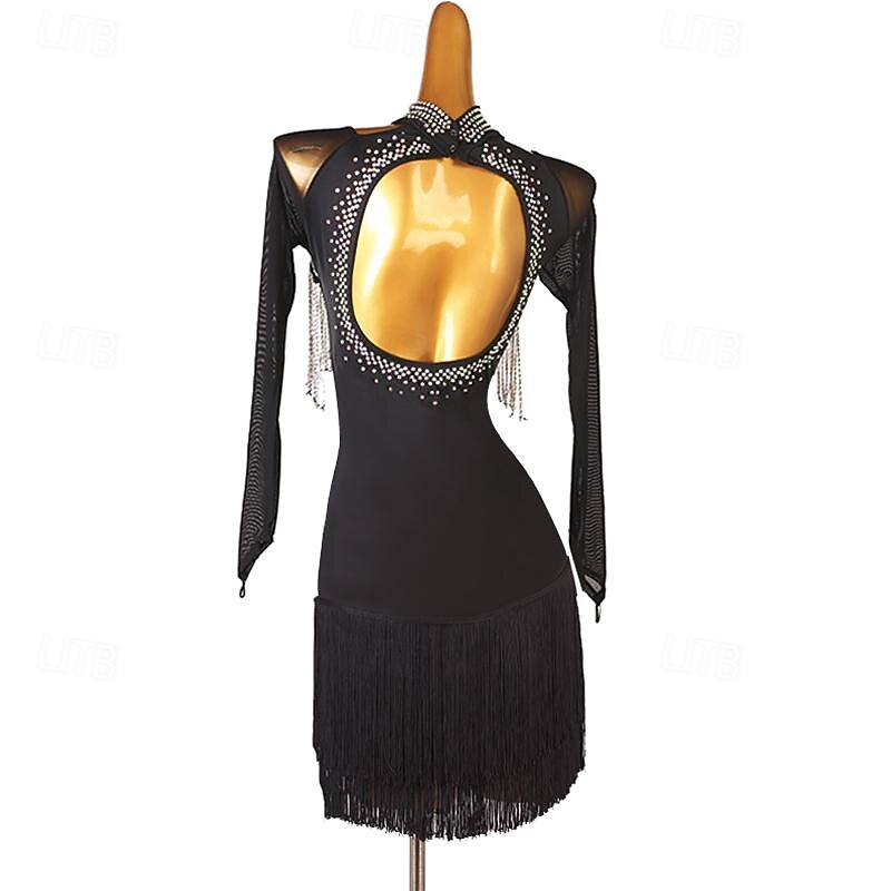 Latin Dance Dress Rhinestone Tassel Women's Girls' Performance Training Long Sleeve High Spandex Tulle3