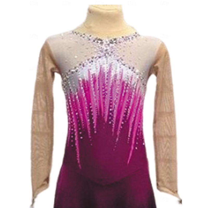 Figure Skating Dress Women's Girls' Ice Skating Dress Fuchsia Patchwork Thumbhole Mesh Spandex Stretchy Training Practice Professional Skating Wear Thermal Warm Crystal / Rhinestone Long Sleeve Ice