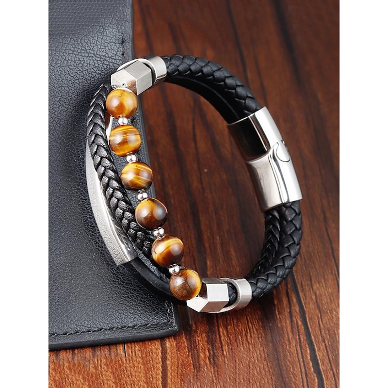 Men's Braided Leather Bracelet with Tiger Eye Beads and Stainless Steel Accents – Stylish Jewelry for Casual or Formal Occasions