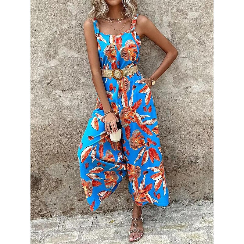 Women's Normal Jumpsuit Holiday Floral Sleeveless V Neck Backless Pocket Street Daily Regular Fit Blue Summer2