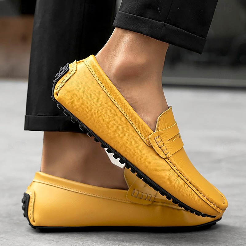 Men's Yellow Leather Slip-On Loafers - Comfortable Casual Driving Shoes2