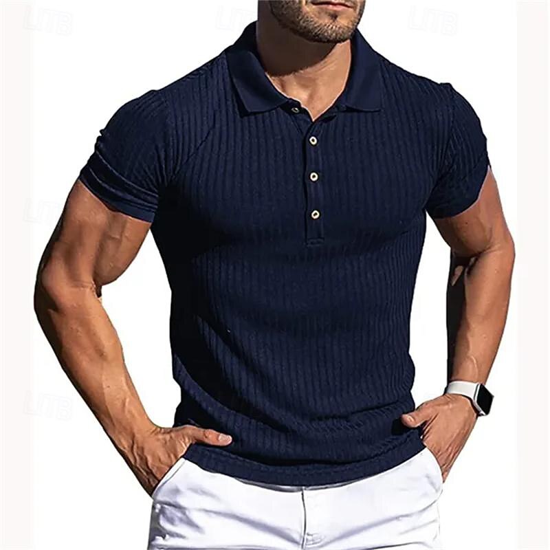 Men's Golf Shirt Golf Polo Work Casual Lapel Short Sleeve Basic Modern Plain Horizontal Stripes Button Spring & Summer Regular Fit White Navy Blue Khaki Light Grey Golf Shirt4