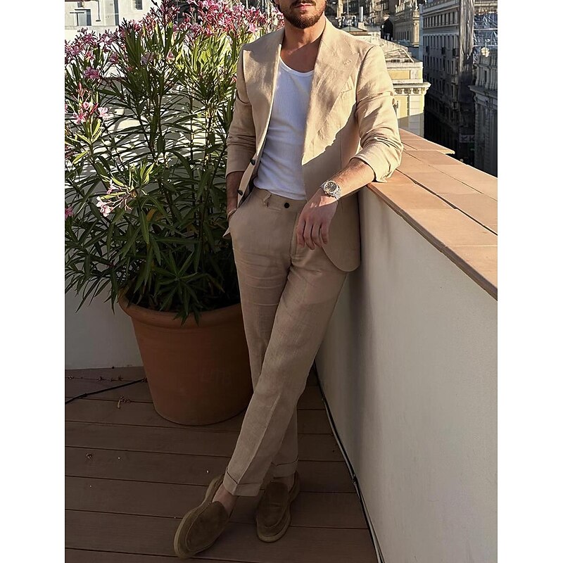 Men's Wedding Linen Suits Khaki Solid Colored Tailored Fit 2 Piece Single Breasted One-button2