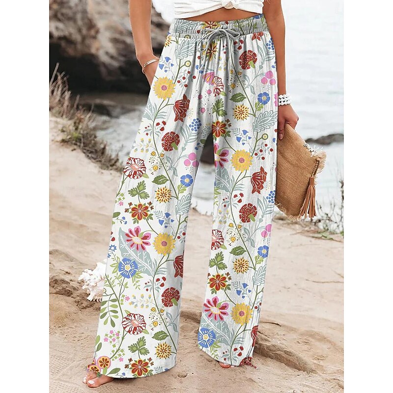 Women's Wide Leg Pants Trousers Pocket High Cut Floral High Waist Long Black Summer2