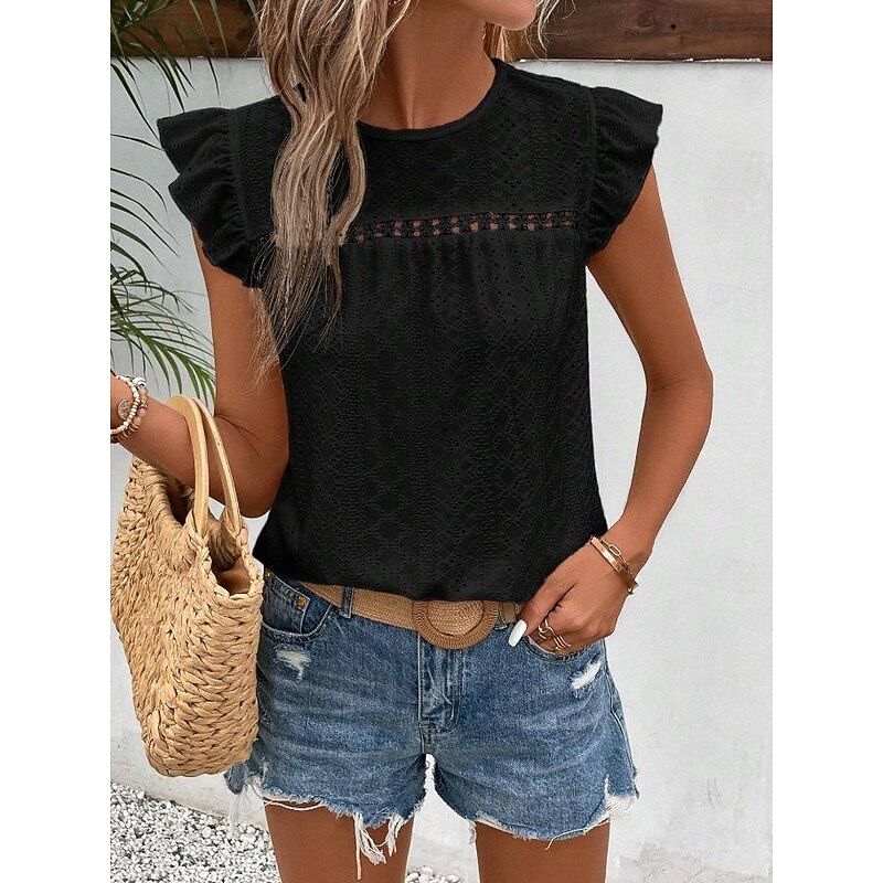 Shirt Blouse Women's Black White Navy Blue Plain Ruffle Cut Out Street Daily Fashion Round Neck Regular Fit S 7