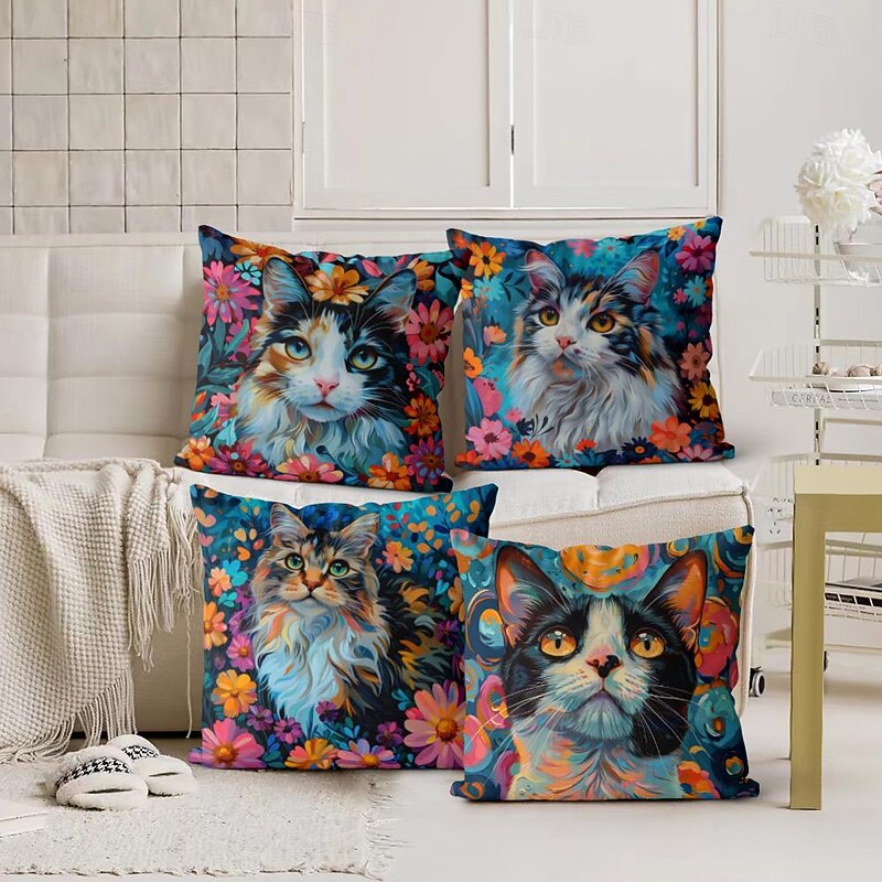 Flower Cat Decorative Toss Pillows Cover 4PC Soft Square Cushion Case Pillowcase for Bedroom Livingroom Sofa Couch Chair3