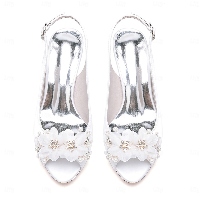 Women's Wedding Shoes Sandals Ladies Shoes Valentines Gifts White Shoes Wedding Party Daily Wedding Sandals Bridal Shoes Bridesmaid Shoes Rhinestone Satin Flower Chunky Heel Peep Toe Elegant Fashion2