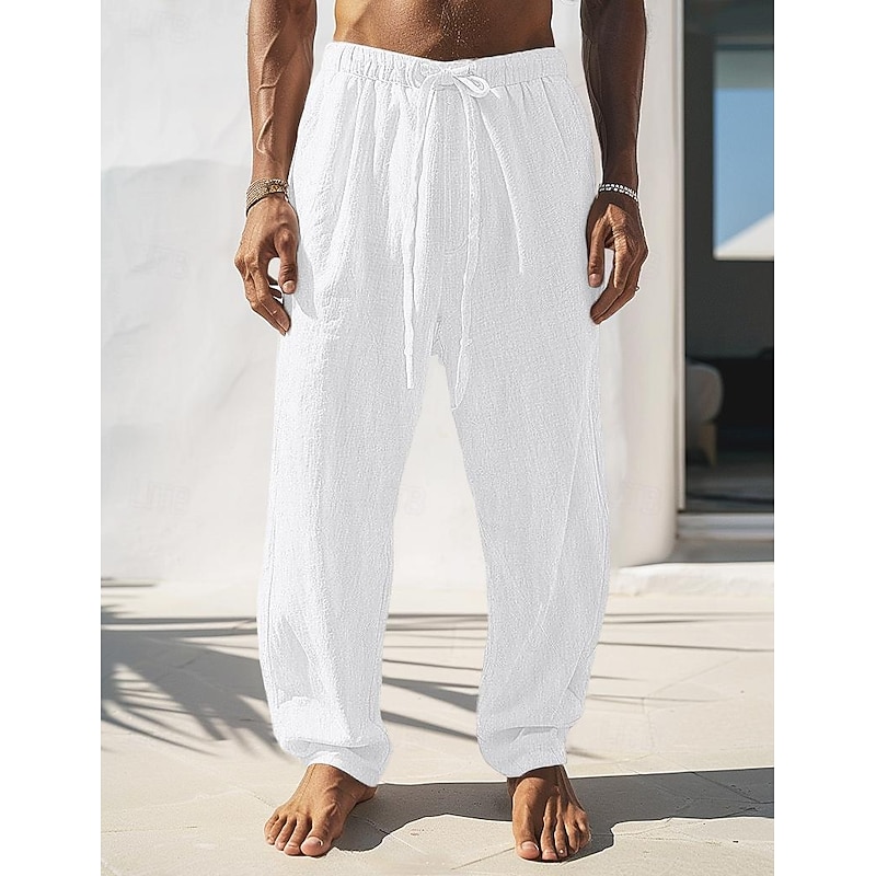 Men's Linen Pants Trousers Summer Pants Front Pocket Straight Leg Plain Comfort Breathable Full Length Casual Daily Holiday Fashion Basic Black White