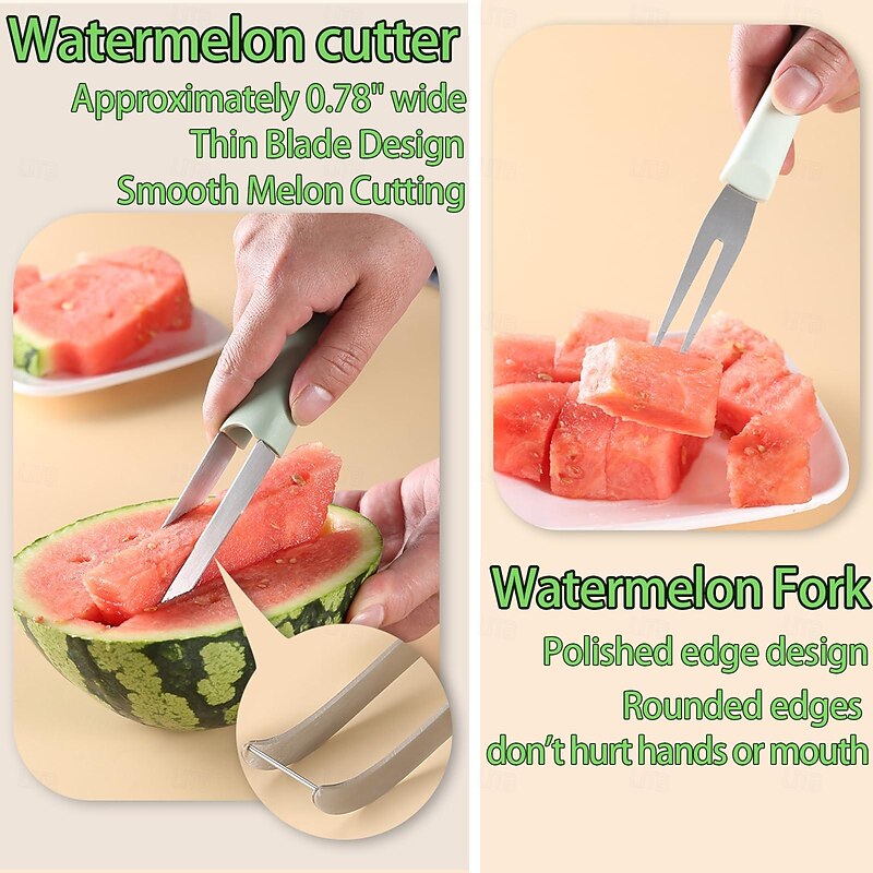 3-in-1 Watermelon Fork Slicer Cutter, Stainless Steel Watermelon Popsicle Cutter Watermelon Cutter Slicer Tool Melon Cutter Knife Portability Fruit Fork for Camping Kitchen Gadgets4
