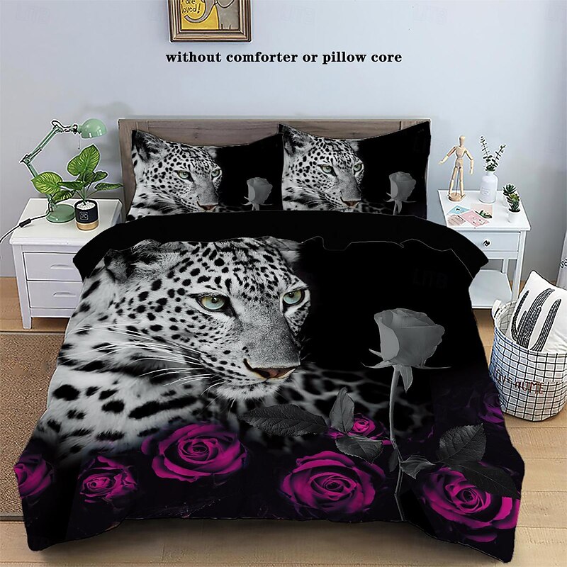 100% Cotton Cheetah Pattern 3-Piece Duvet Cover Set 3D Printed Quilt Queen Size Bedding Set Hunting Animal Quilt Cover Suitable for Kids Boys Men's Room Decor Super Soft Breathable Bed Set 3 Piece Set Lightweight