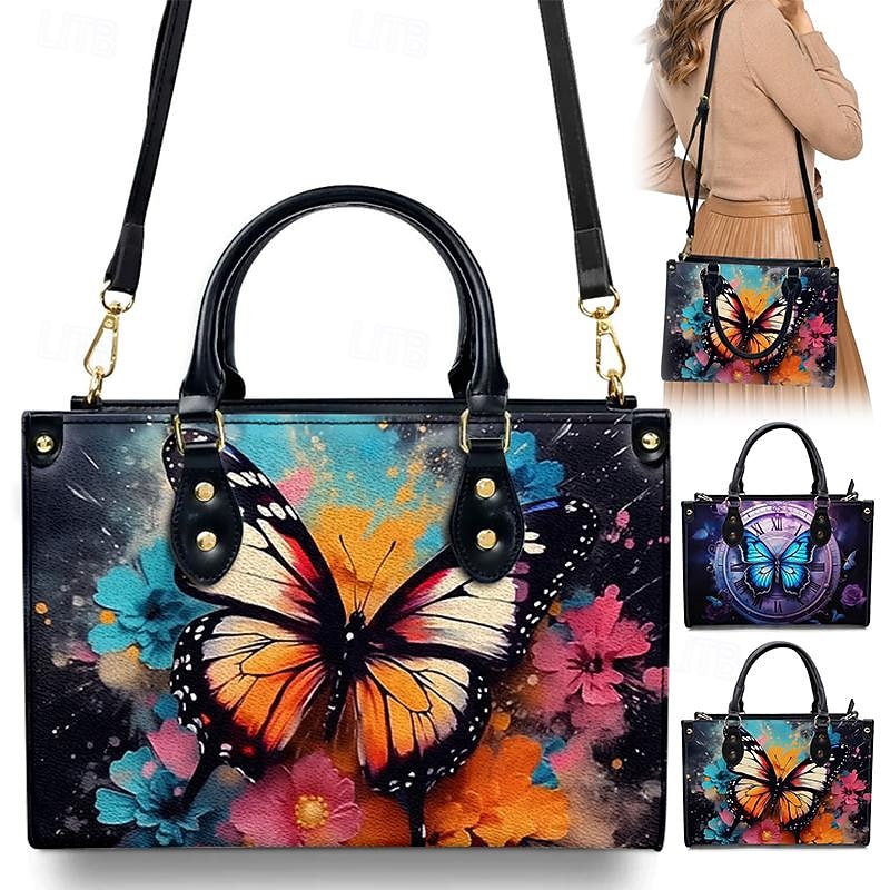 Women's Handbag Crossbody Bag Shoulder Bag Boston Bag PU Leather Shopping Daily Holiday Print Large Capacity Multi Carry Butterfly Flowers Light Red Blue2