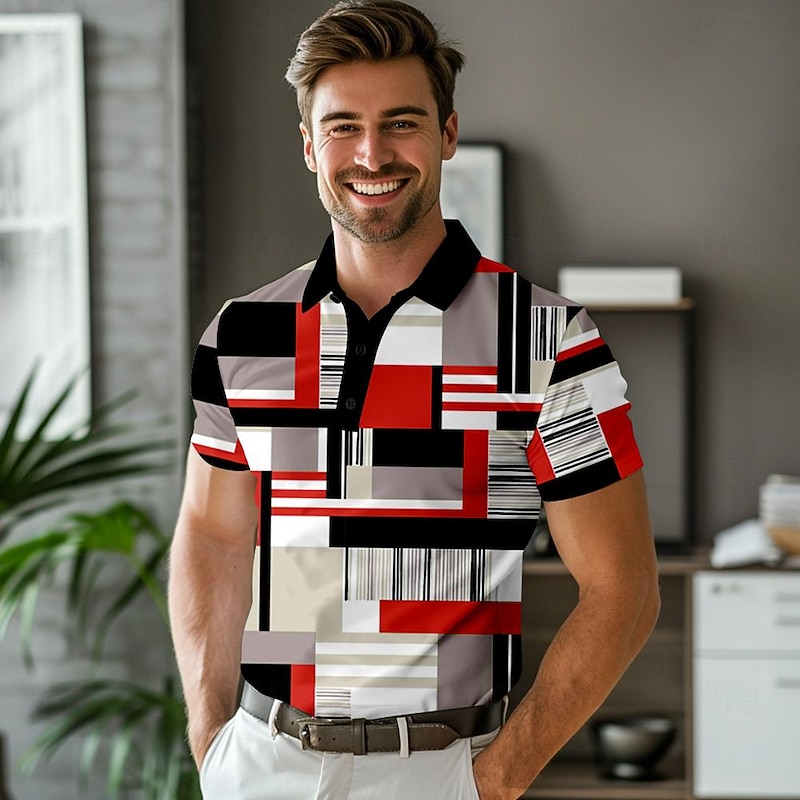 Men's Polo Shirts Golf Shirt Short Sleeve Polo Shirts Collared Shirts Business Casual WorkWear Formal Wear Festival Wear Buttons 3D Print Spring & Summer Red