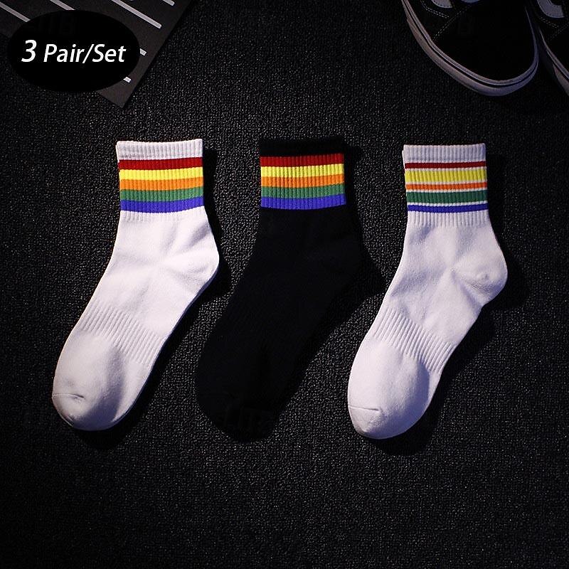 Men's 3 Pack Multi Packs Socks Crew Socks Running Socks Casual Socks White+White+Black Black Color Rainbow Sports & Outdoor Daily Vacation Basic Medium Spring Fall Fashion Casual