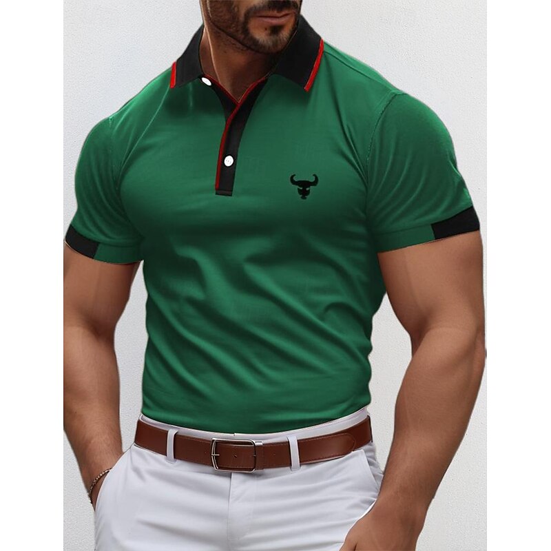 Men's Polo Shirts Golf Shirt Casual Sports Ribbed Polo Collar Short Sleeve Fashion Basic Color Block Cow Patchwork Embroidered Summer Regular Fit Yellow Red Blue Green Polo Shirts