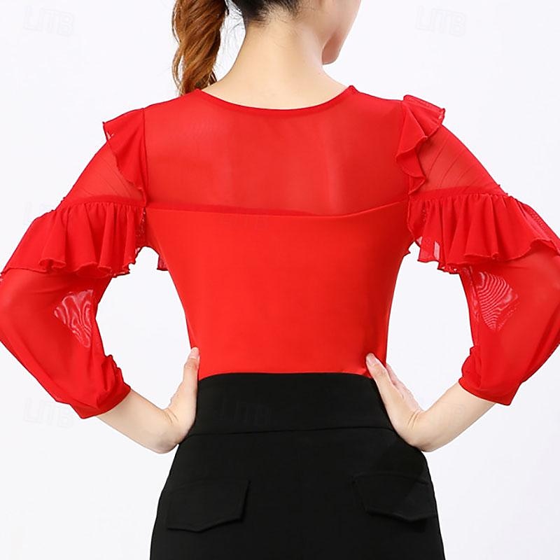 Latin Dance Ballroom Dance Top Ruffles Pure Color Splicing Women's Performance Training Long Sleeve High Spandex2