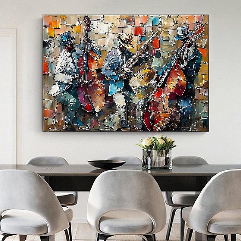 Large Abstract Jazz Band Oil Painting on Canvas hand painted Wall Art Black Jazz Music Art painitng Custom Painting Fashion Decor for Living Room Home Decor