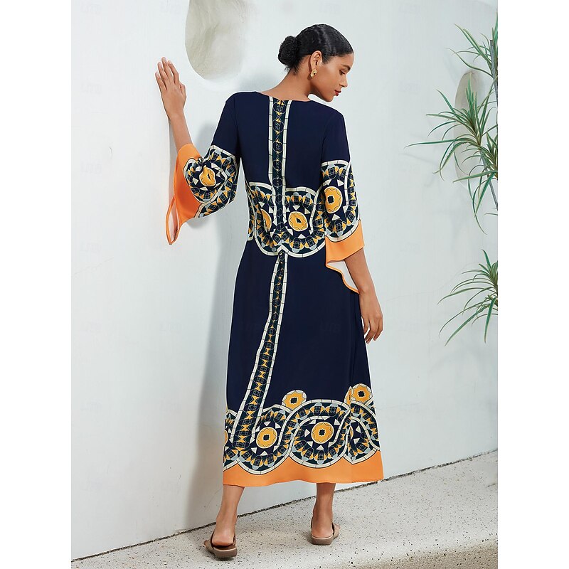 Satin Folk Print V Neck Maxi Dress2