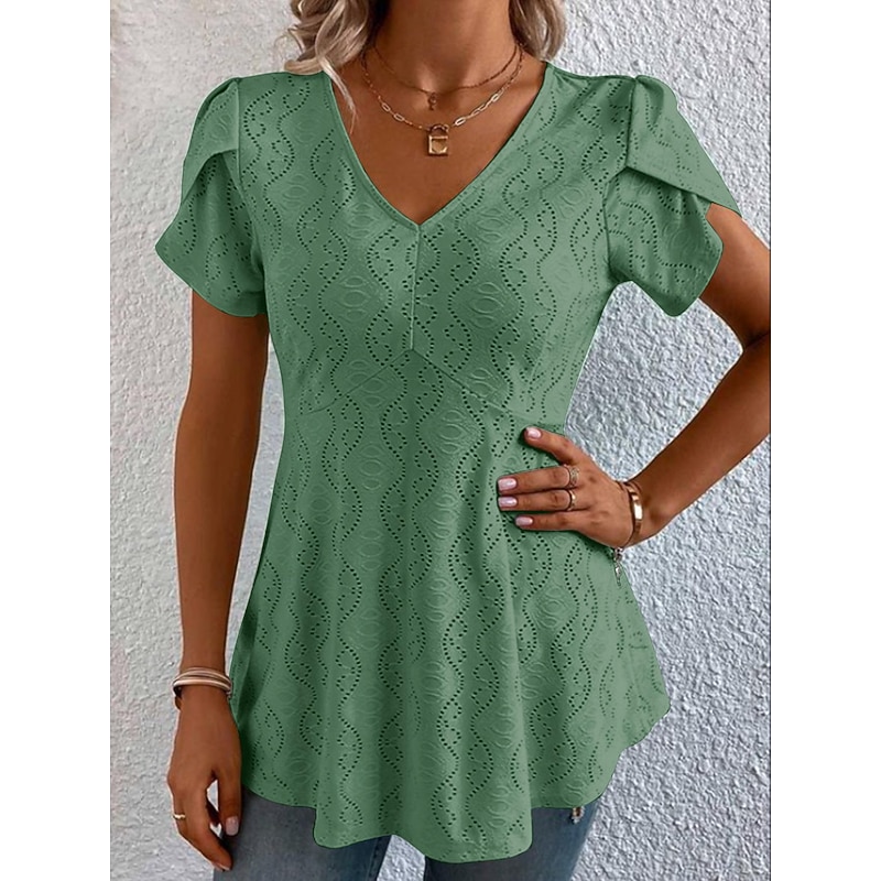 Women's Shirt Blouse Casual Cut Out Short Sleeve Regular Tops V Neck Daily White Blue Purple Green Summer