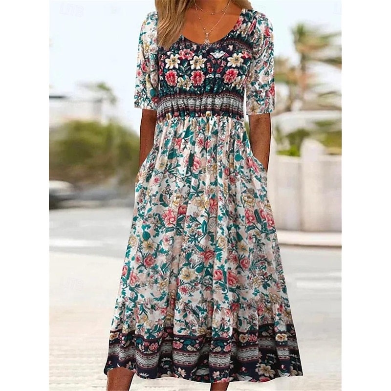 Women's Midi Dress Casual Dress Summer Dress Boho Dress Ethnic Casual Vacation Daily Date Regular Fit Floral Short Sleeve Crew Neck White Navy Blue Royal Blue Blue Summer2