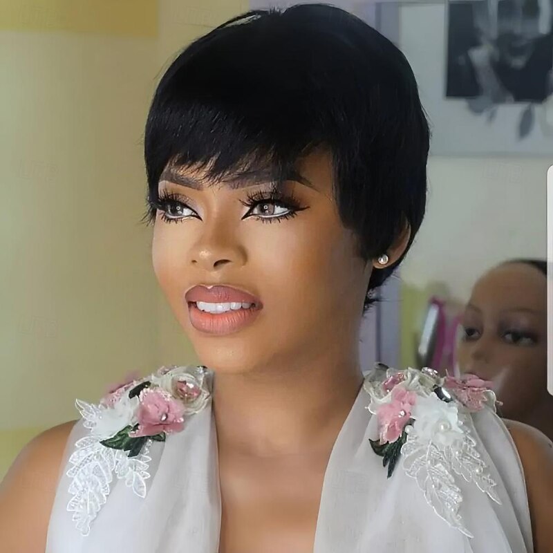 Short Bob Pixie Cut Wig for Black Women Human Hair Wig Short Wig for women Full Machine Made Non Lace Front Wig with Bangs Glueless Wig Short Layered Wigs Human Hair Pixie Wigs