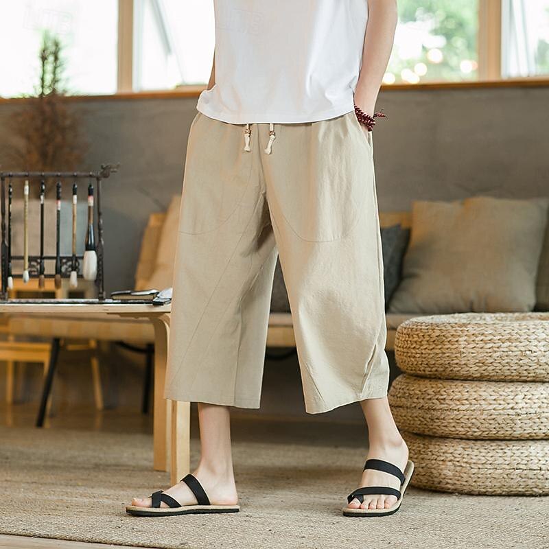 Men's Linen Pants Harem Pants Capri Pants Pocket Solid Colored Sports Calf-Length Work Casual Casual Loose Fit Black Wine Inelastic2