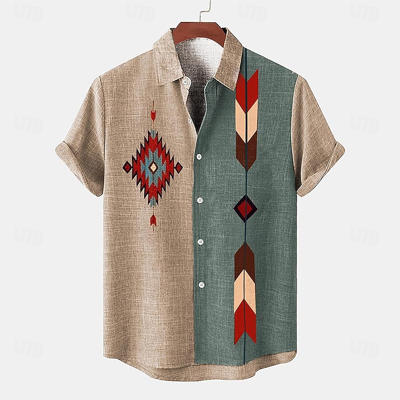Men's Shirt Linen Shirt Retro Shirts Vintage Shirt Ethnic Shirt Tribal Daily Pink Blue khaki Short Sleeve Turndown Summer Spring Clothing Apparel4