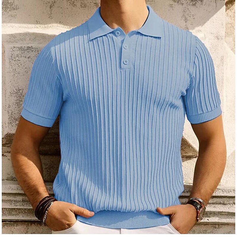 Men's Polo Golf Shirt Business Casual Ribbed Polo Collar Classic Short Sleeve Modern Old Money Style Color Block Knitted Ribbed Spring & Summer Regular Fit Light Blue Pink Green Polo3