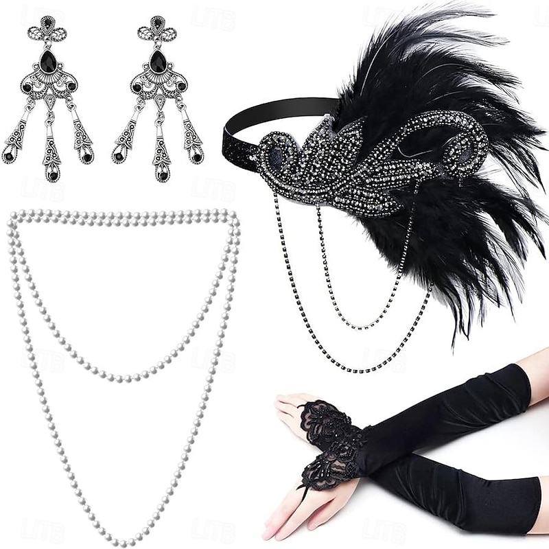 1920s The Great Gatsby Outfits Flapper Headband The Great Gatsby Wedding Guest Collarless Fancy Dress Women's Halloween Carnival Masquerade Party Masquerade Wedding Reception Adults' Gloves Necklace