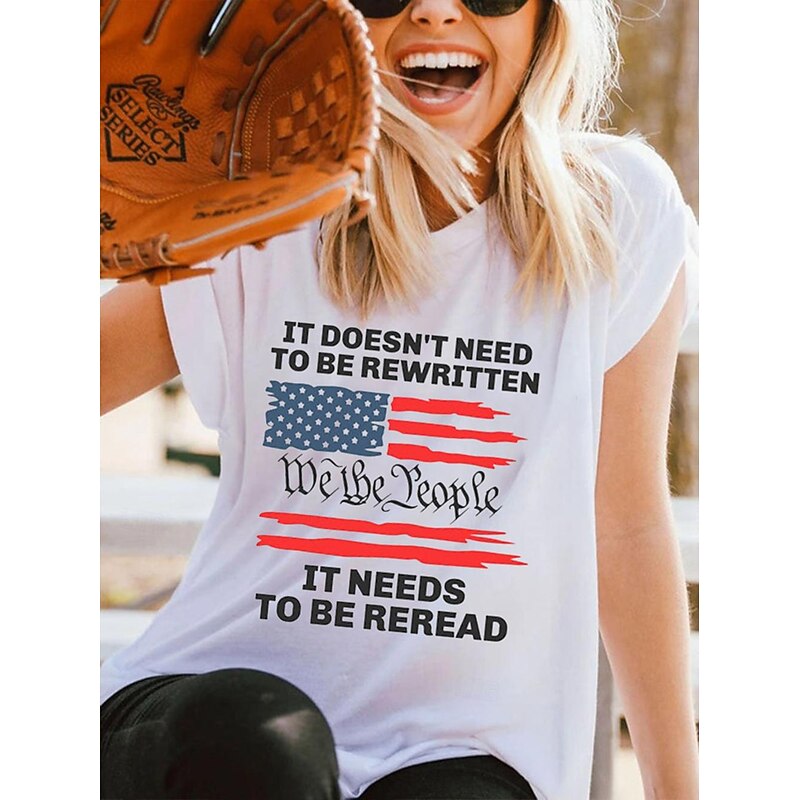 Women's T Shirt Letter USA Casual Short Sleeve Round Neck Regular Tops Vacation Independence Day Print White Summer2