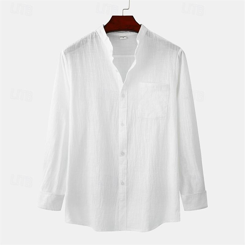 Men's Shirt Linen Shirt Cotton Linen Shirt Chinese Collar Shirt Mandarin Collar Shirt Casual Shirt Plain Vacation Hawaiian White Navy Blue Khaki Light Blue Long Sleeve Grandad Collar Spring &  Fall2