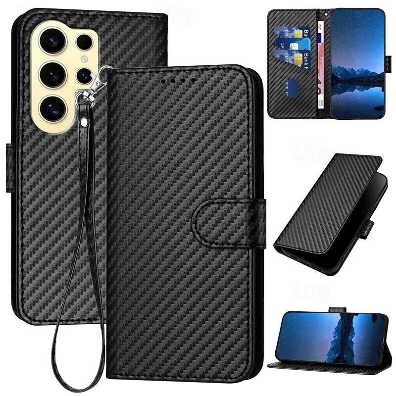 Phone Case For Samsung Galaxy S25 S24 S23 S23 FE S22 S21 Ultra Plus A55 5G A35 5G A15 A14 Back Cover with Stand Holder with Wrist Strap Card Slot TPU PU Leather