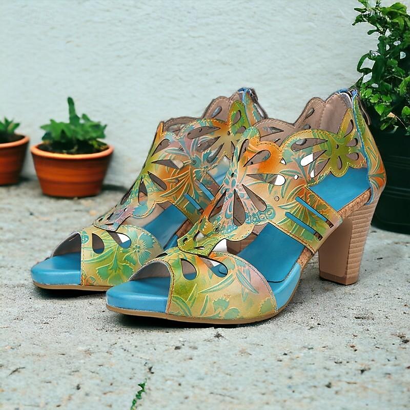 Women's Sandals Floral Cut-out Platform Cone Heel Chunky Heel Peep Toe Elegant Vintage Cowhide Zipper Yellow Blue Light Purple4