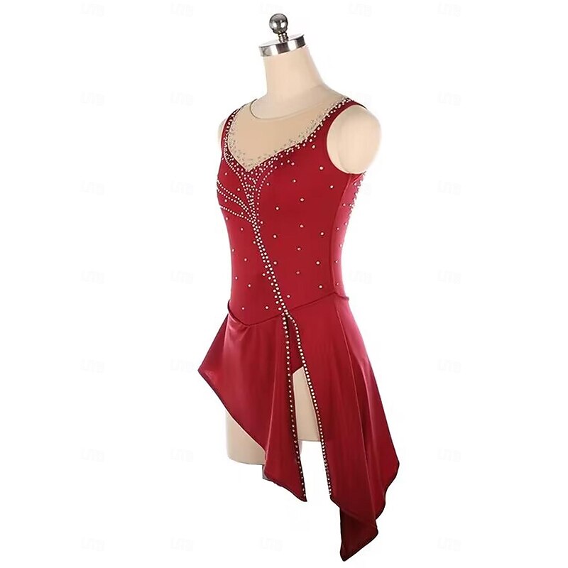 Figure Skating Dress Women's Girls' Ice Skating Dress Burgundy Patchwork Open Back Mesh Spandex Stretchy Training Practice Professional Skating Wear Thermal Warm Crystal / Rhinestone Sleeveless Ice3