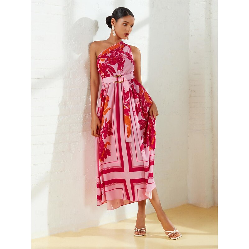 Women's Print Dress Maxi Dress Pink Sleeveless Floral Floral Style Buckle Summer One Shoulder Dresses Vacation S M L4